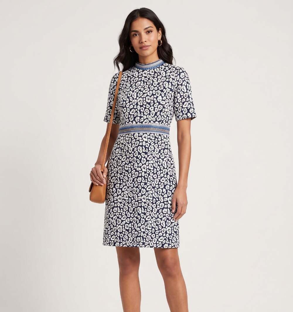 J.McLaughlin Kyrie Size 2 Dress Navy Bermuda Blue Geo Cheetah Short Sleeve - Picture 1 of 5